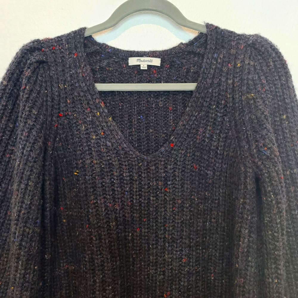 MADEWELL V-Neck Puff-Sleeve Wool Blend Chunky Multi-colored Sweater - Picture 6 of 12